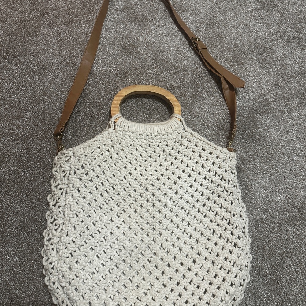 Elegant Cream Crochet Handbag with Tan Straps